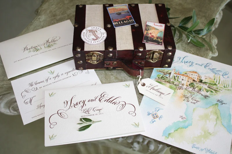 papermelange.com | Watercolor Lake Como Wedding Invitations | Paper Melange Custom Event Stationery | Exclusive Invites For Weddings and Events