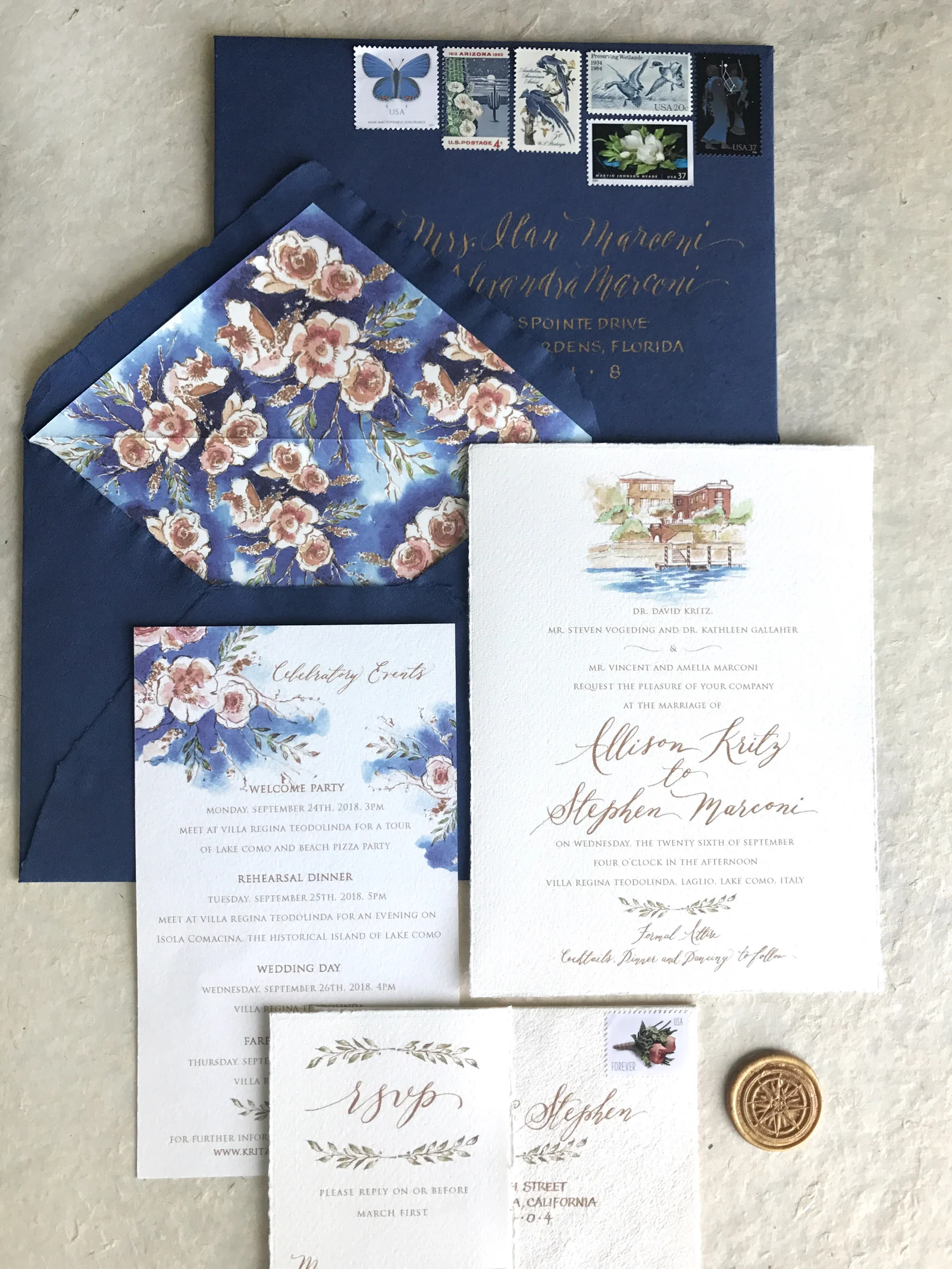 papermelange.com Villa Regina Teodolinda on Lake Como Italy, wedding invitation.