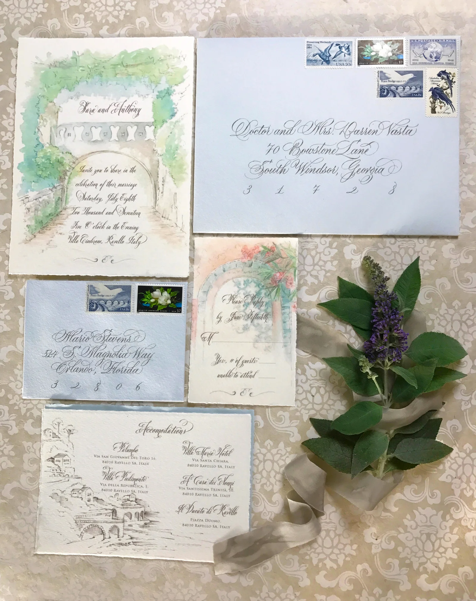 papermelange.com Villa Cimbrone custom wedding invitation | Amalfi Wedding | Ravello Wedding | Hand painted wedding invitation
