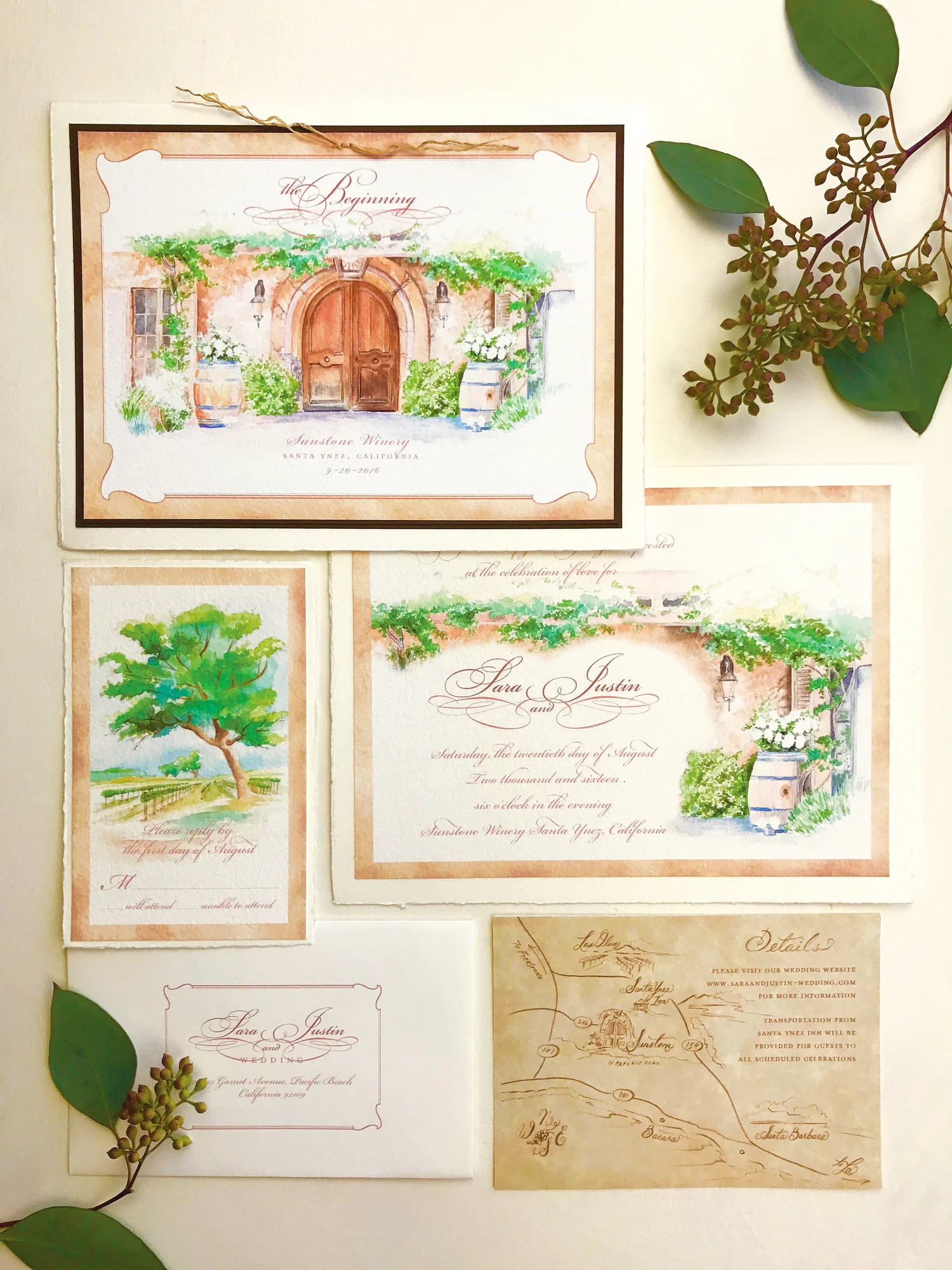 papermelange.com | Sunstone Vineyards Wedding Invitation | Destination Wedding Invitation | Custom Wedding Maps | Hand Painted Wedding Invitation