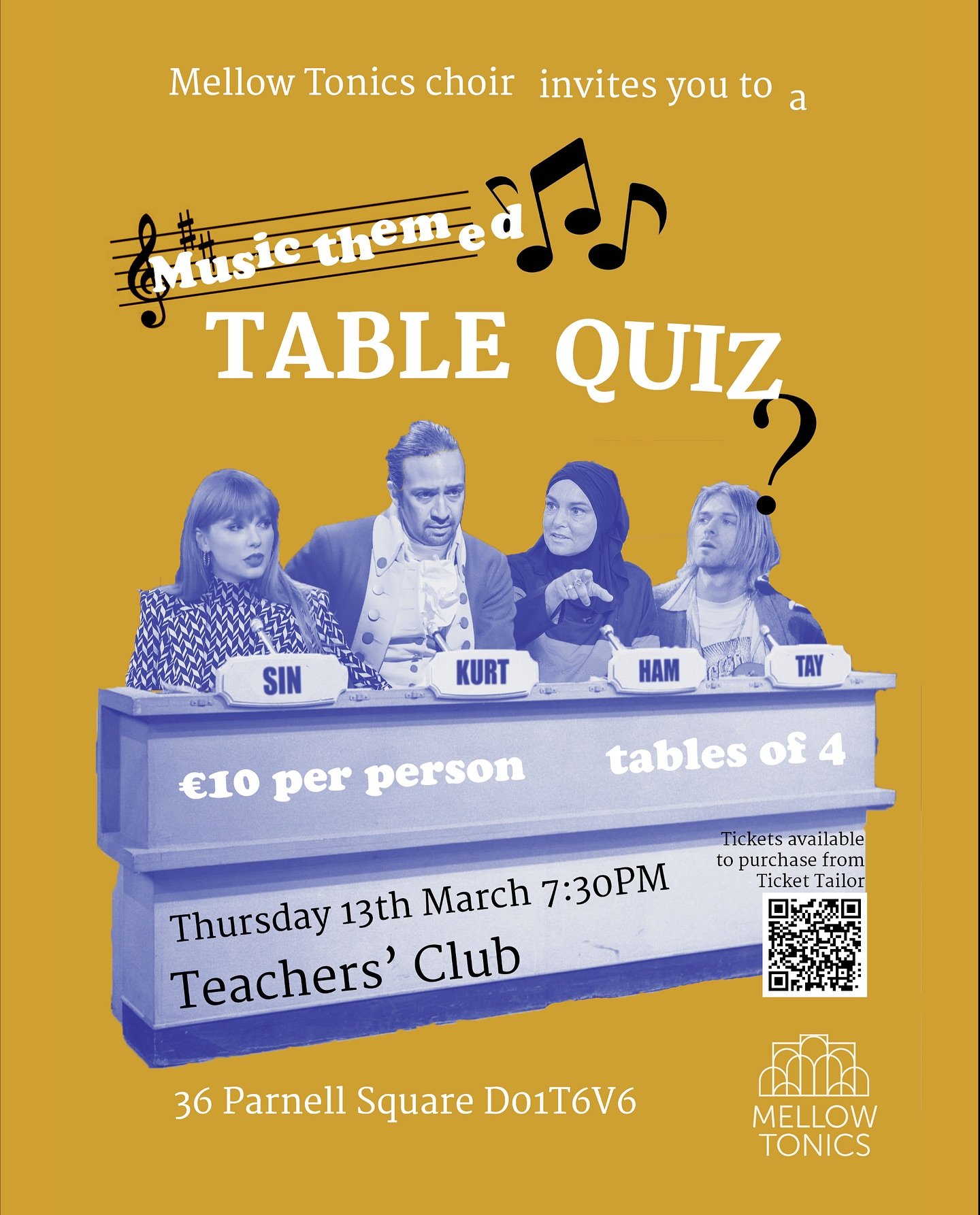 Join us for a music-themed table quiz on Thursday, March 13th at 7:30 PM in the Teachers&rsquo; Club! 🎶 Featuring quizzes, craic, spot prizes and perhaps even some singing&hellip;👀

🎟️ Tickets available at the link in our bio.

Choir members, mate