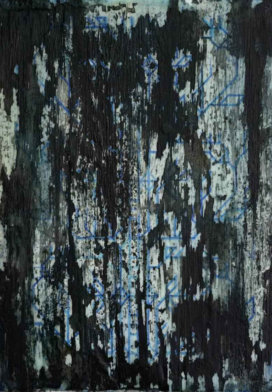 waterscopie#12 - 2018 - Pencil, ink, acrylic and wax on paper stuck on wood - 19,8 x 27 cm