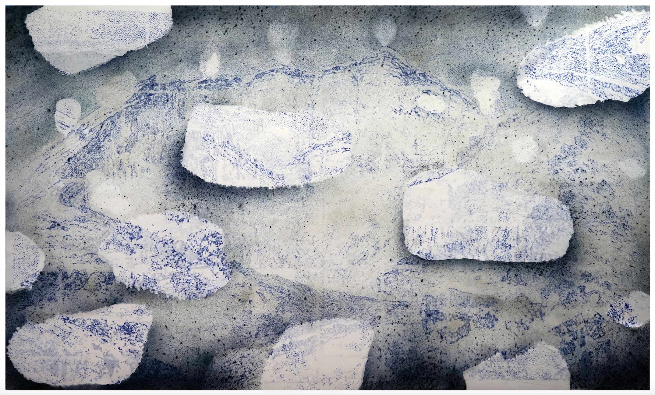 Crater_scape#2’ - 2019 - pencil, ink, acrylic ,silver leaf, Japanese paper - 110 x 194 cm