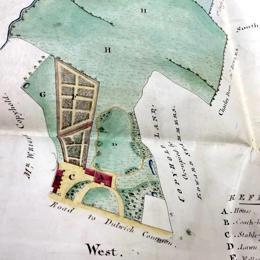 Original deeds showing plan of Bell House courtesy of Dulwich College Archive