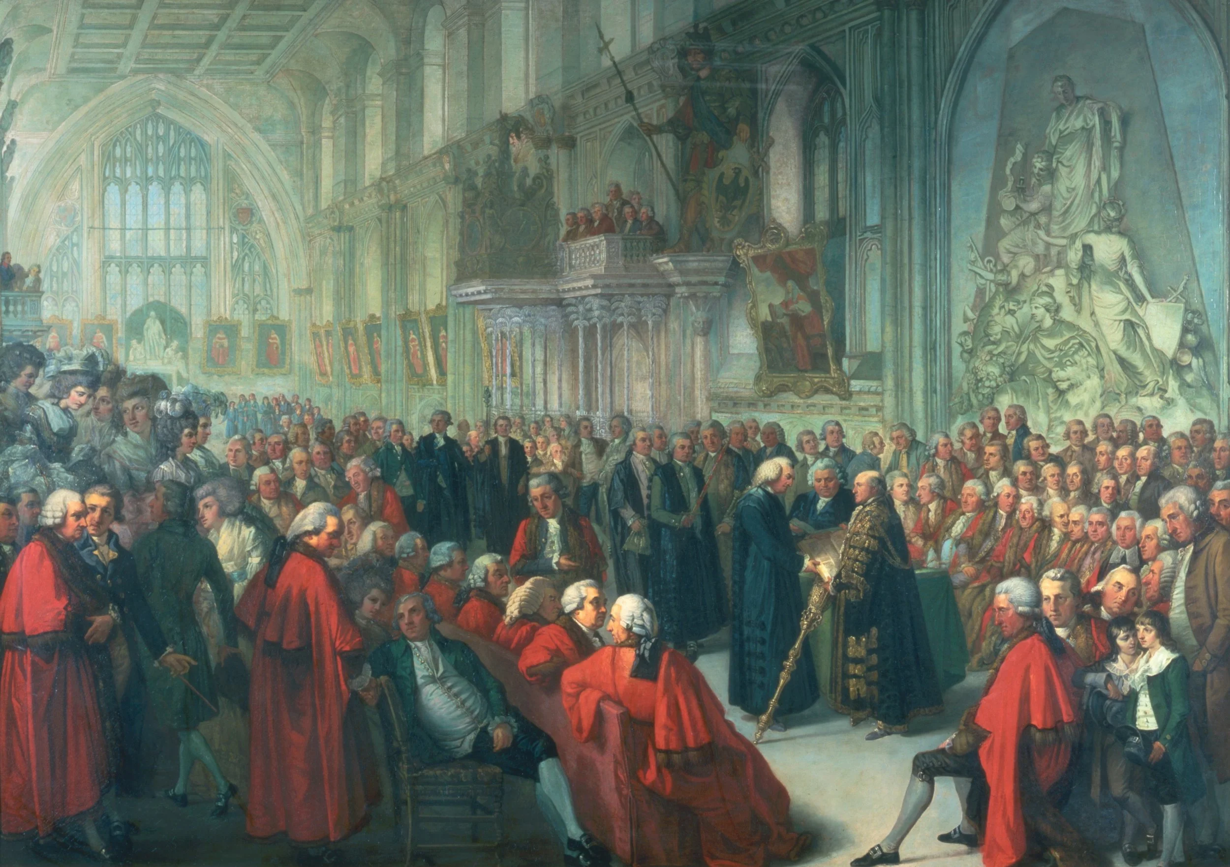 Swearing in of a lord mayor: Thomas Wright (of Bell House) is front centre, looking over his shoulder. Source: Guildhall Art Gallery, City of London