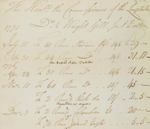 Bill for the supply of paper by Wright & Gill to the Board of Longitude, 1775. Source: Cambridge Digital Library