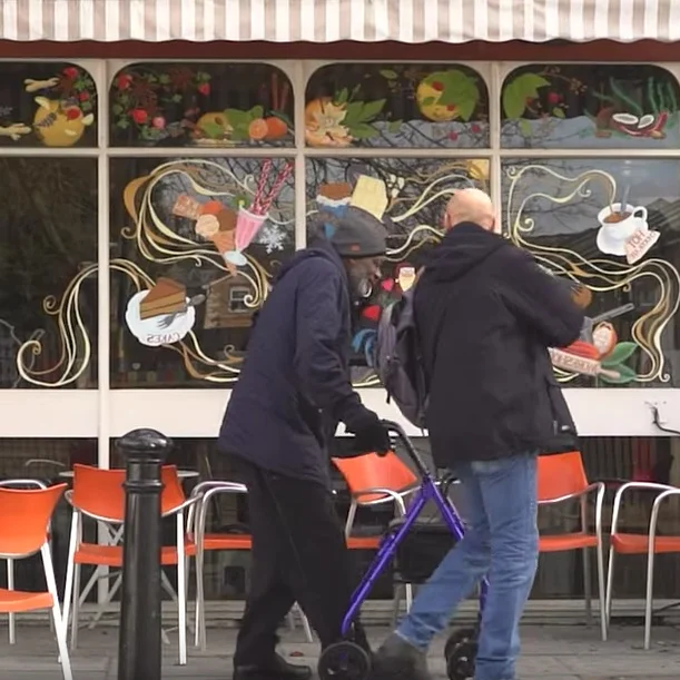 Volunteer befriender James from Link Age Southwark, with Lynford in a still from our film on ‘ Independence and Dementia ‘