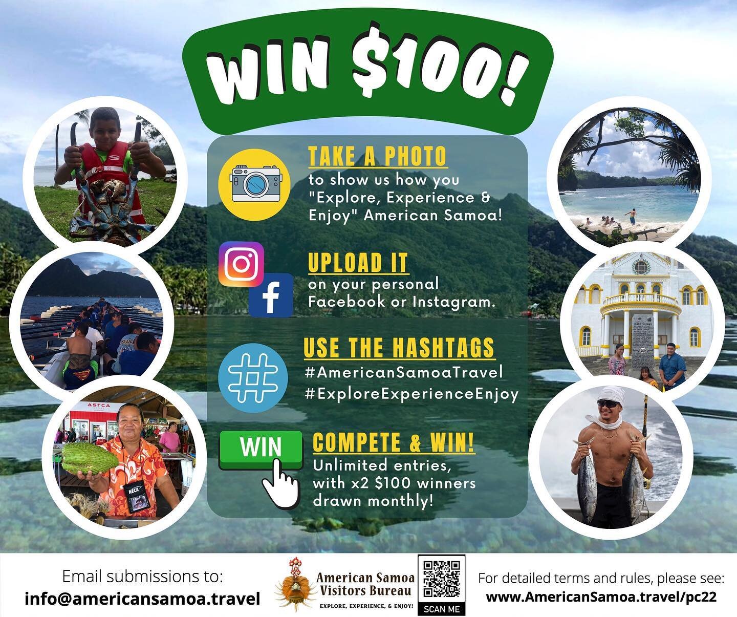 🇦🇸 GIVEAWAY ALERT 🚨

Want to WIN $100? 🎉 The American Samoa Visitors Bureau is hosting a photo contest!📸

Here&rsquo;s how you can enter:

Take a photo to show us how you like to &ldquo;Explore, Experience, and Enjoy&rdquo; American Samoa! 
Uplo