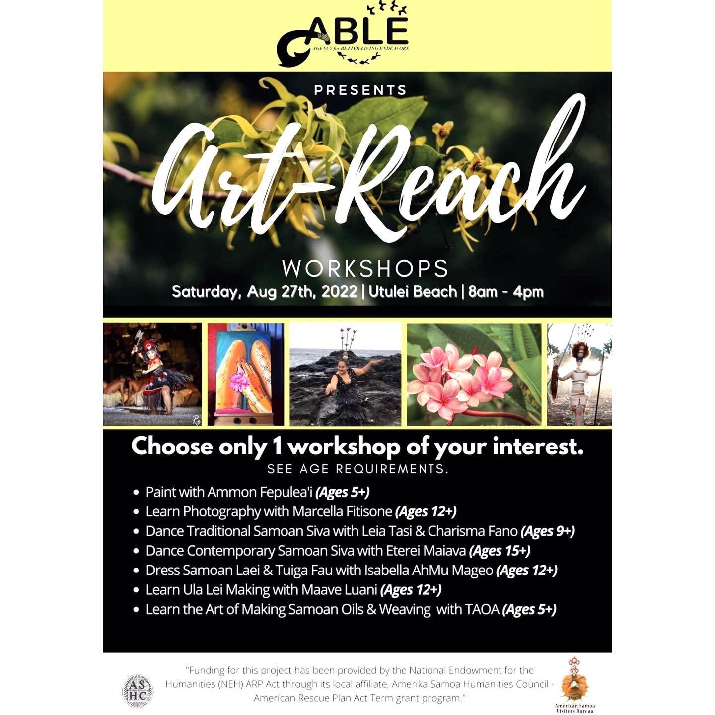 American Samoa, swing by Su'igaula Beach Park in Utulei today to check out the first Annual A.B.L.E. Art-Reach!🇦🇸

Workshops include:
- Painting with Ammon Fepuleai (Ages 5+)
- Learning Photography with Marcella Fitisone (Ages 12+)
- Dancing Tradit