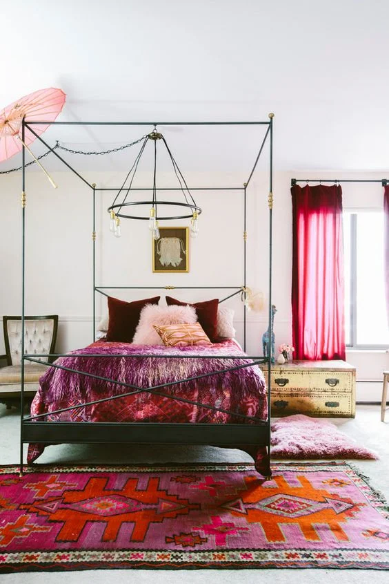 It can be difficult as a renter to add color so I suggest keeping the walls white and include bright colors in your textiles. it's best to keep them all in the same color families with multiple textures and cultural references. 