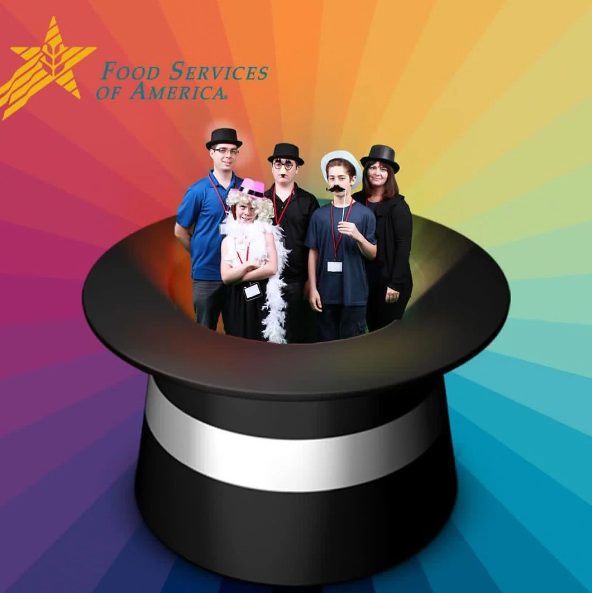 Group photo booth composite showing guests popping out of a magician's top hat for the Food Services of America convention.