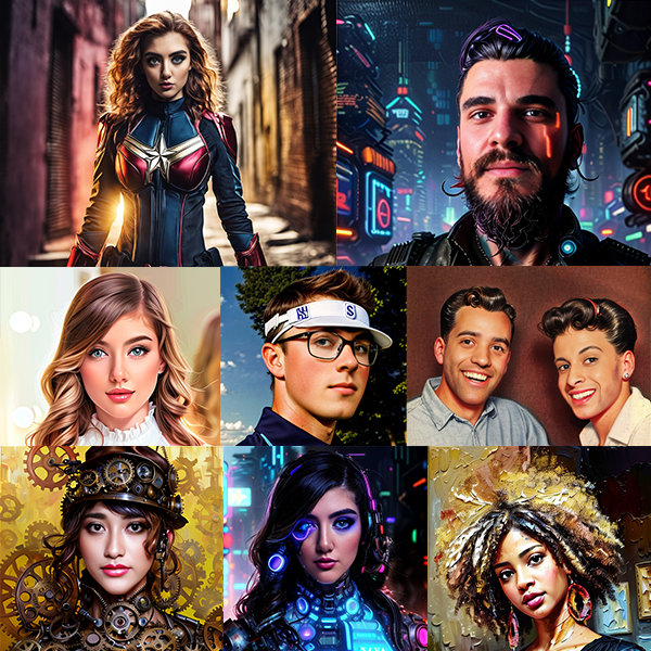 Collage of AI-generated photo booth avatars showing custom character styles including superhero, cyberpunk, retro 1950s, steampunk, and sci-fi for Portland events.