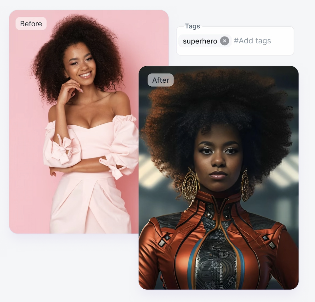 Before and after example of a woman transformed into a superhero character using an AI photo booth at a Portland event.