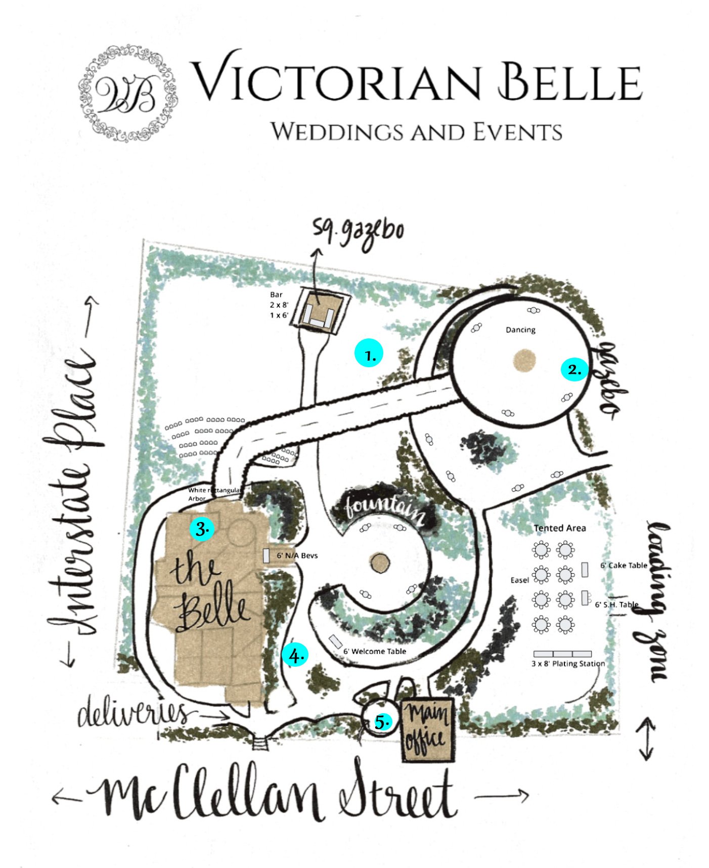 A map of the grounds at the Victorian Belle Mansion in Portland with suggested photo booth set up locations