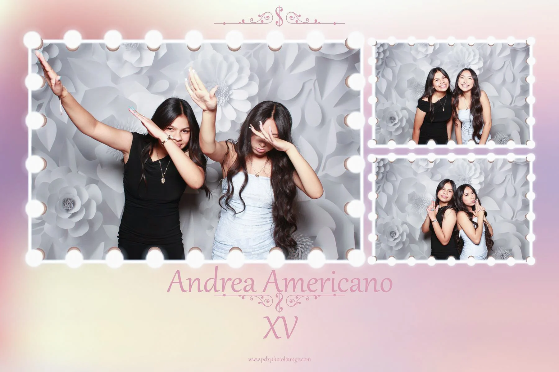 Girls posing in a mirror me photo booth print in front of a white flower wall