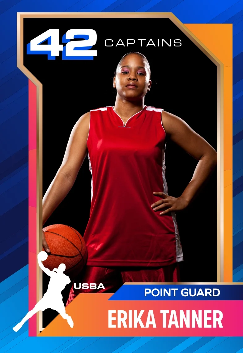 Custom basketball trading card design featuring a female point guard for photo booth prints at corporate and sports events.