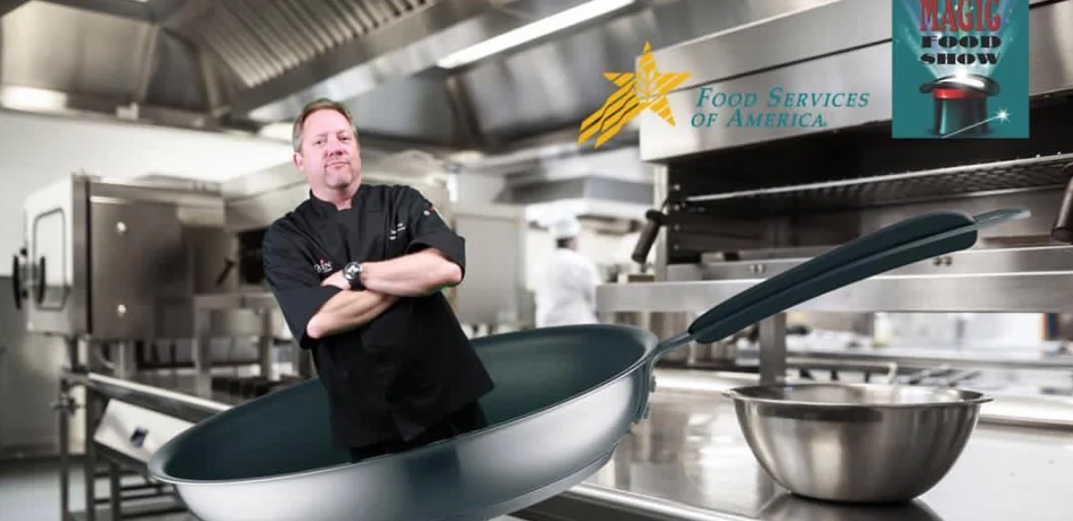 Custom green screen photo composite of a chef standing in a frying pan for Food Services of America trade show activation.