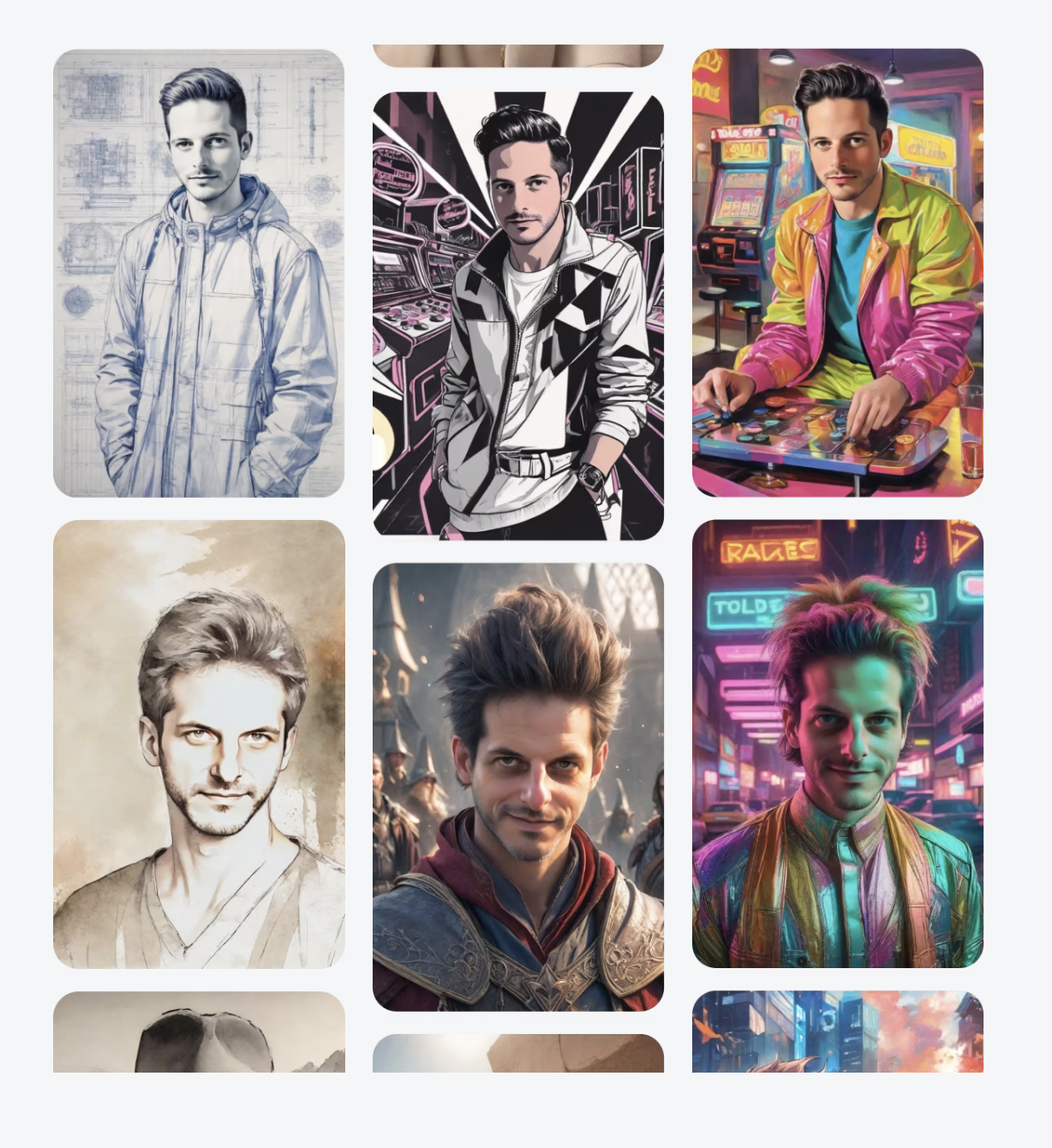 Grid showing various AI photo booth filter styles including blueprint sketch, pop art, arcade illustration, fantasy warrior, and cyberpunk neon.