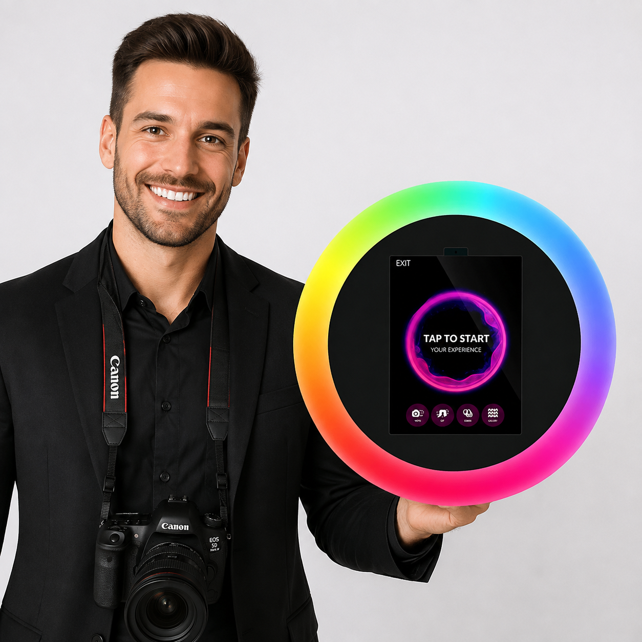 photographer holds roaming photo booth with RGB ring light
