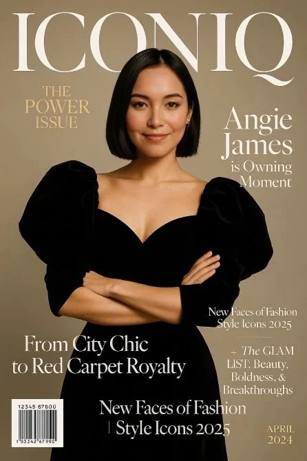 Woman poses with a power stance on an A.I. generated magazine cover
