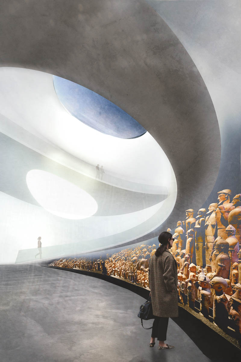   The periodical exhibitions room connects the New Cyprus Museum with the global network of museums and institutions. The visitor views physical or virtual fragments of dispersed collections inside. The controlled natural light floods into the space,