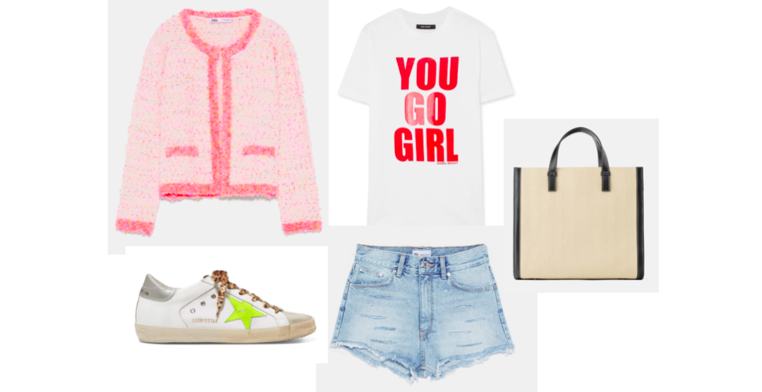 Zara frayed edge jacket $59.90, denim shorts $29.99 and canvas tote $49.90. Isabel Marant tee $140. Golden Goose sneakers $480.