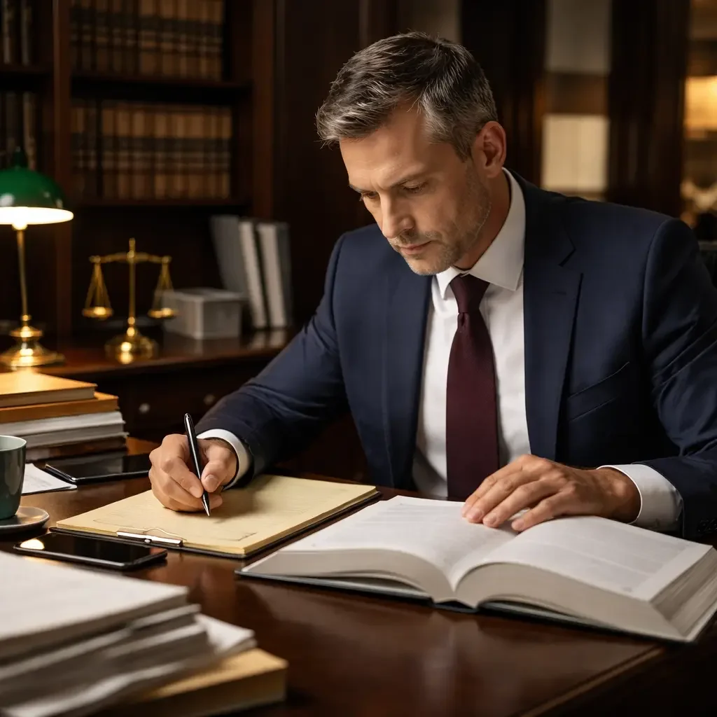 Lawyer seated at a desk in a law office, reviewing legal documents and taking notes while preparing a case.