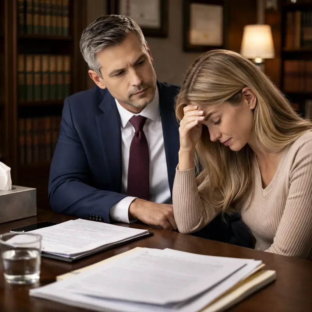 Lawyer seated across a desk from a distressed client in a law office, listening attentively and offering support while reviewing legal documents.