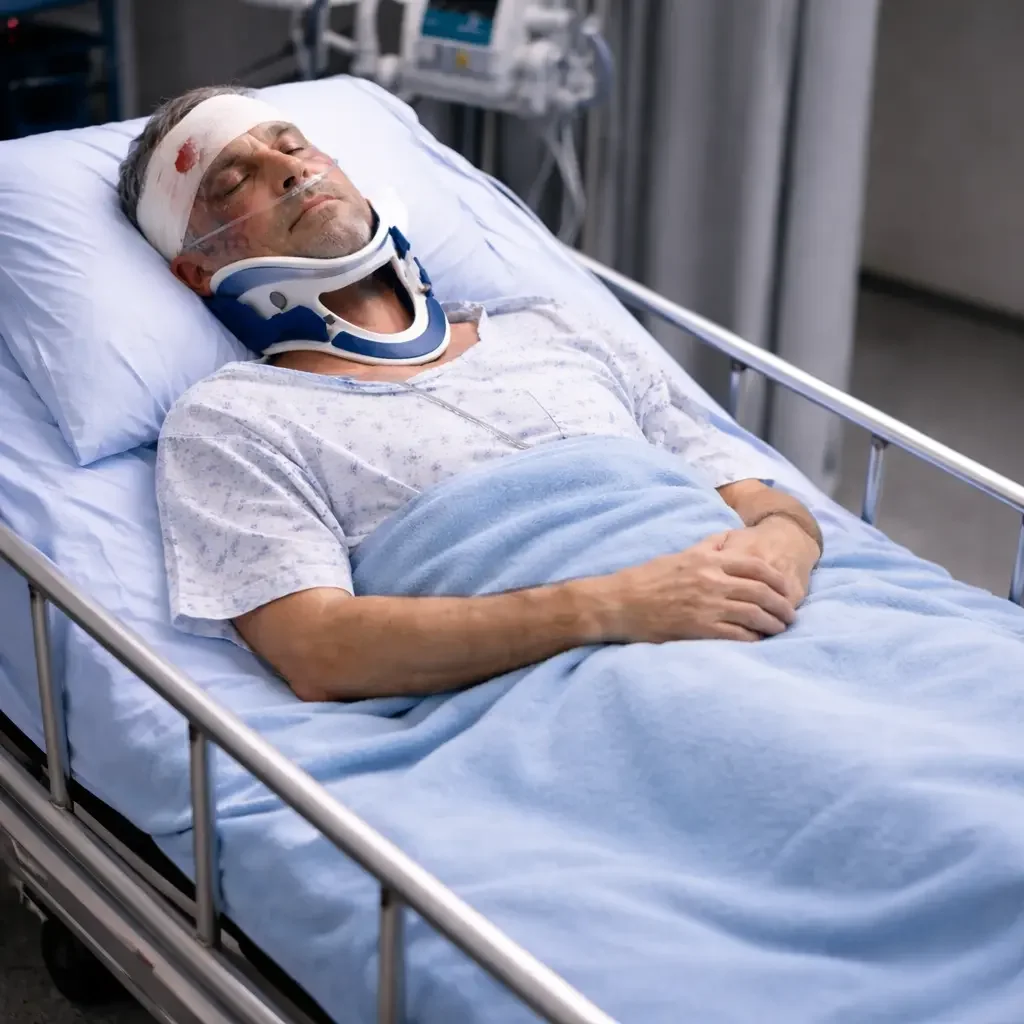 Full-body hospital scene showing an adult patient lying in a bed wearing a neck brace and head bandage, receiving medical care after a traumatic brain injury.