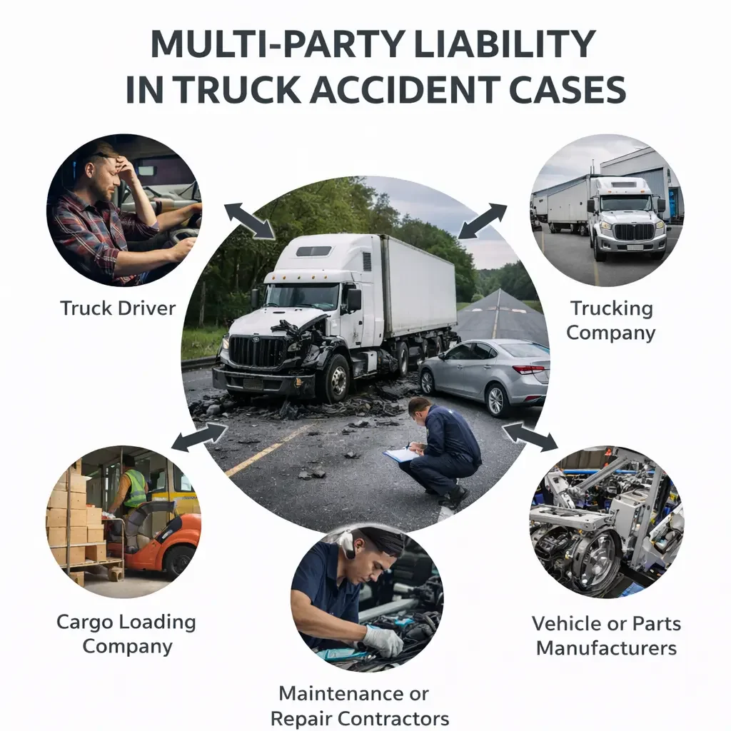 Infographic illustrating multi-party liability in truck accident cases, showing a central semi-truck crash scene connected to the truck driver, trucking company, cargo loading company, maintenance contractors, and vehicle or parts manufacturers.