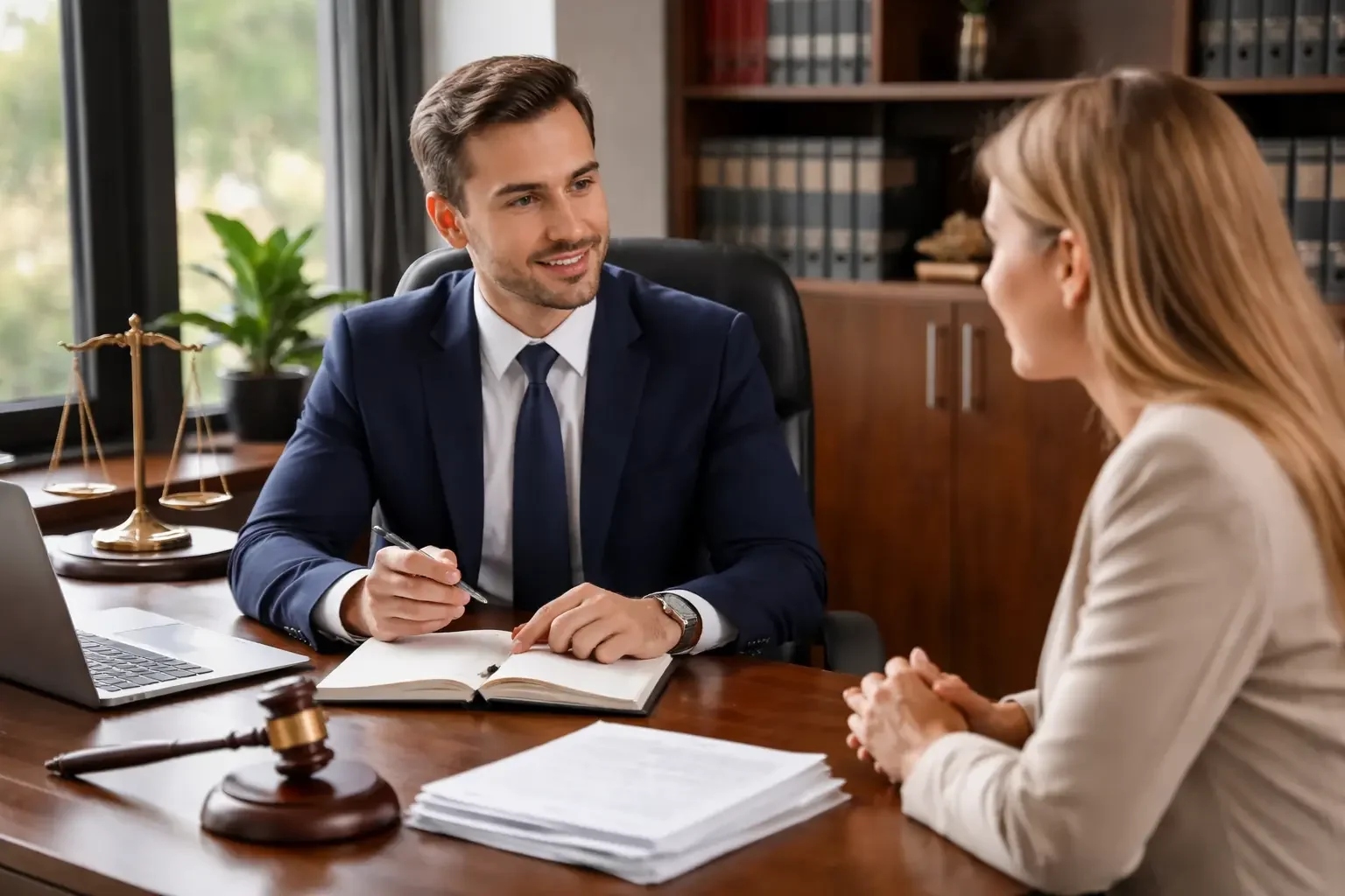 Lawyer in a suit consults with a client across a desk in a modern law office, with a laptop, documents, gavel, and scales of justice visible.