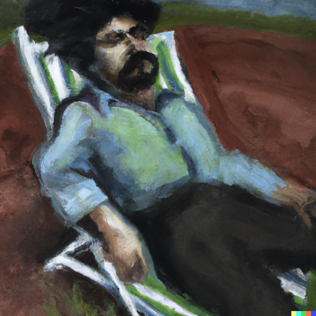 DALL·E 2022-07-08 14.53.24 - an impressionist painting of a brown man with a beard and wavy black hair relaxing on a lawn chair on mars .png