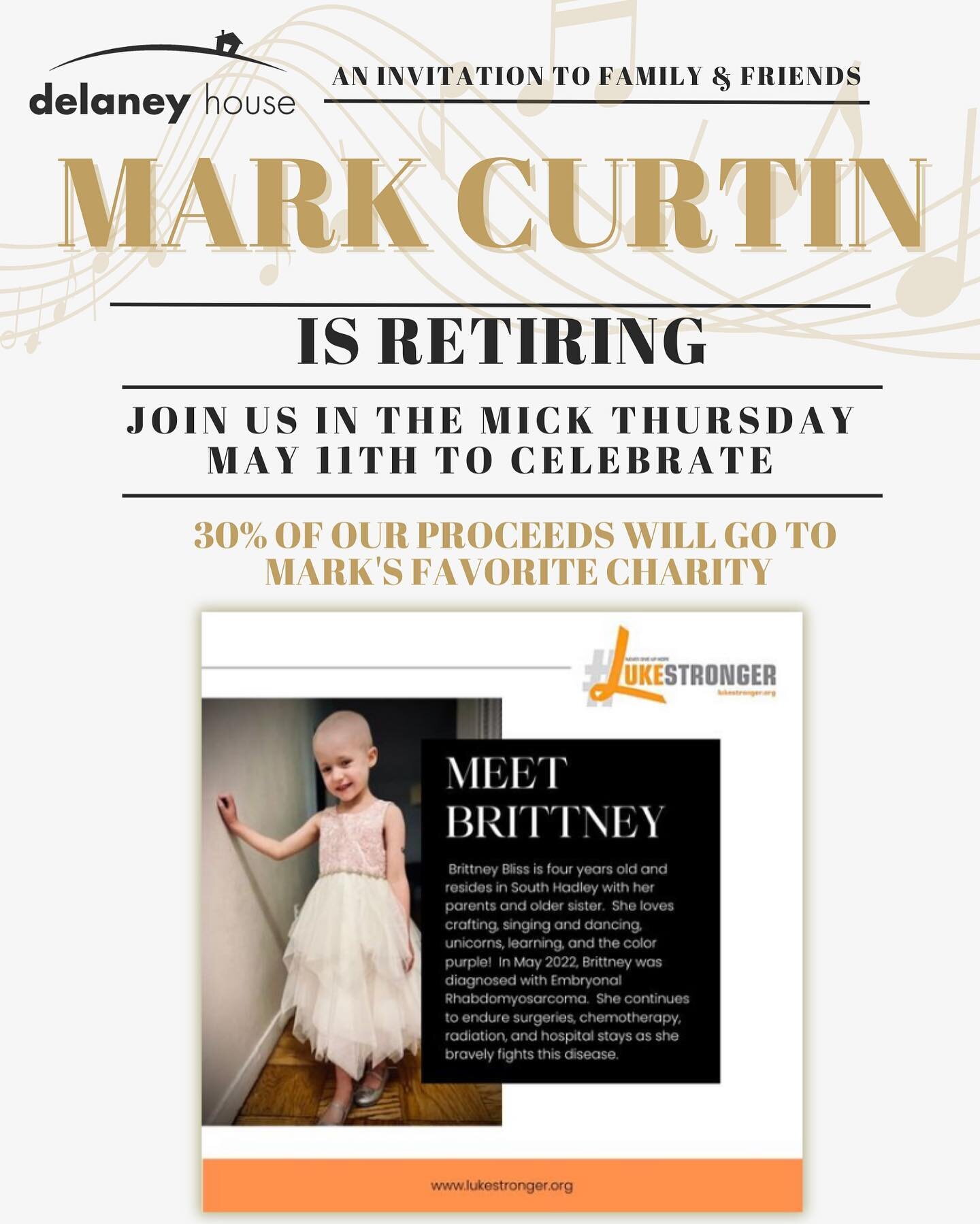 Join us tomorrow, May 11th, 5-8pm in the Mick to celebrate Mark Curtin and a great cause! 30% of our proceeds will go to Mark&rsquo;s charity! 🤍