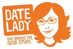 Illustration of a woman with glasses and wavy hair, with the text 'Date Lady' in bold orange letters.