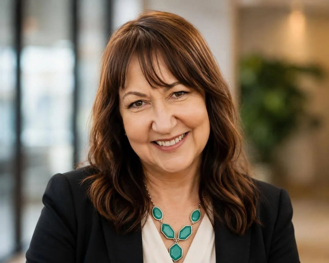 A smiling middle-aged woman with shoulder-length brown hair, wearing a black blazer, white blouse, and a green statement necklace, in a professional indoor setting.
