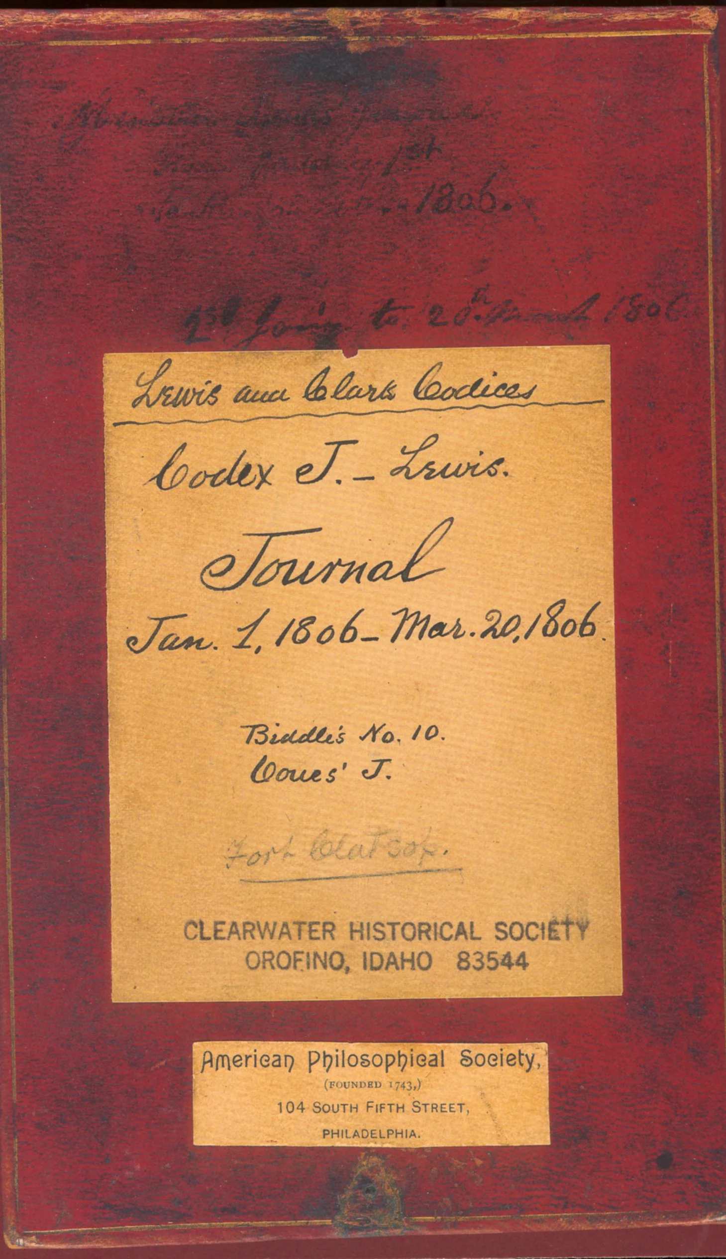 Codex J. - Lewis Jan 1, 1806 - Mar 20, 1806 Eighteen red books (Codices) are known, all having some connection with the expedition, though it is not known when the captains obtained them.