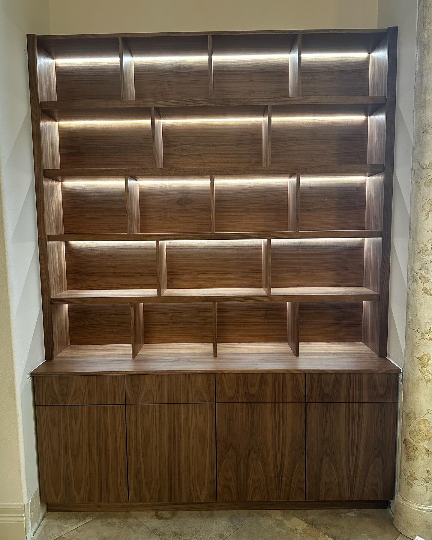 We&rsquo;re liking how this walnut built-in came out. Integrated LED lights on a dimmer, soft-close drawers with dovetailed Baltic Birch drawer boxes and lots of other little features that kept this project assembly and installation as painless as po