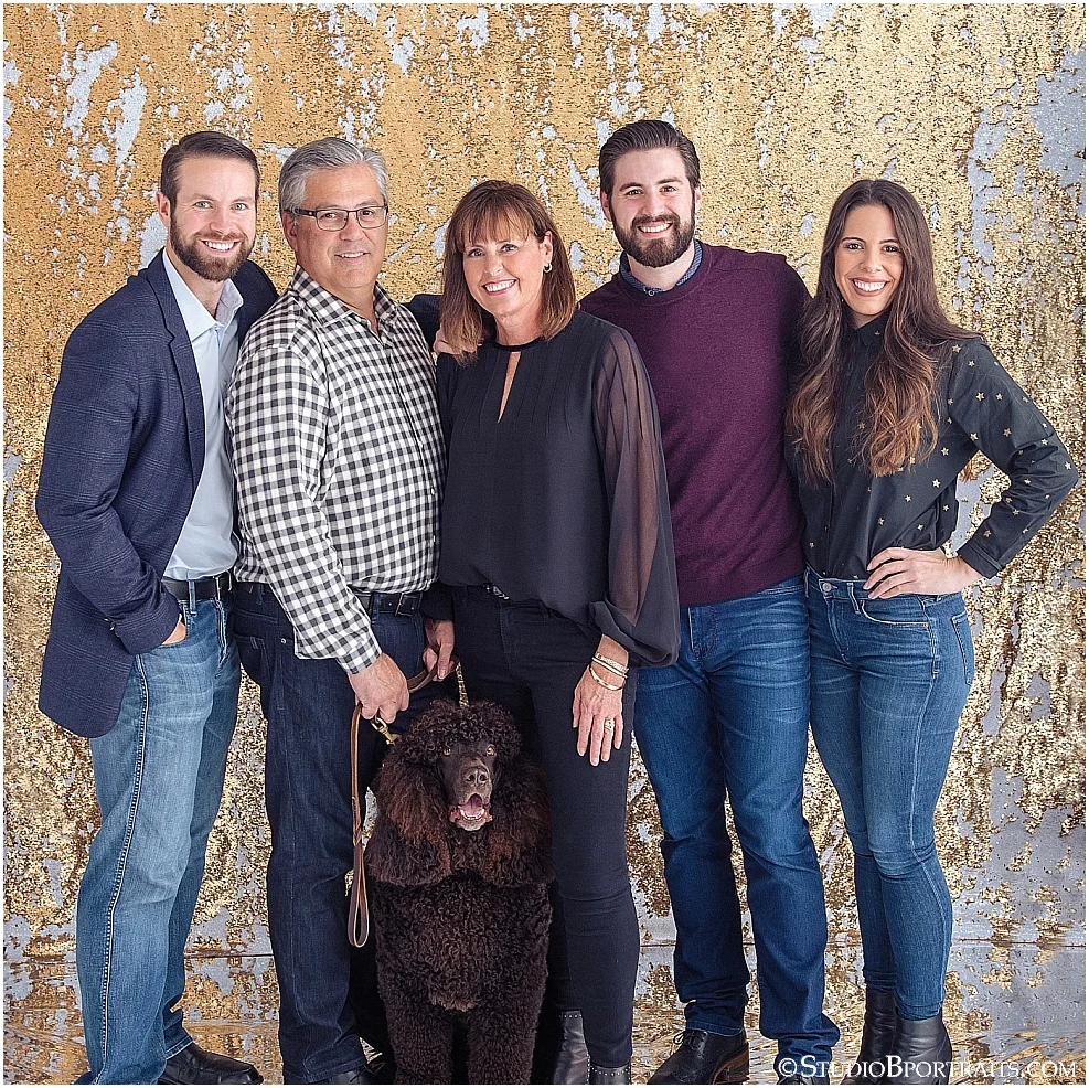 Studio B Portraits best holiday family pictures on gold glitter backdrop with poodle_0095.jpg