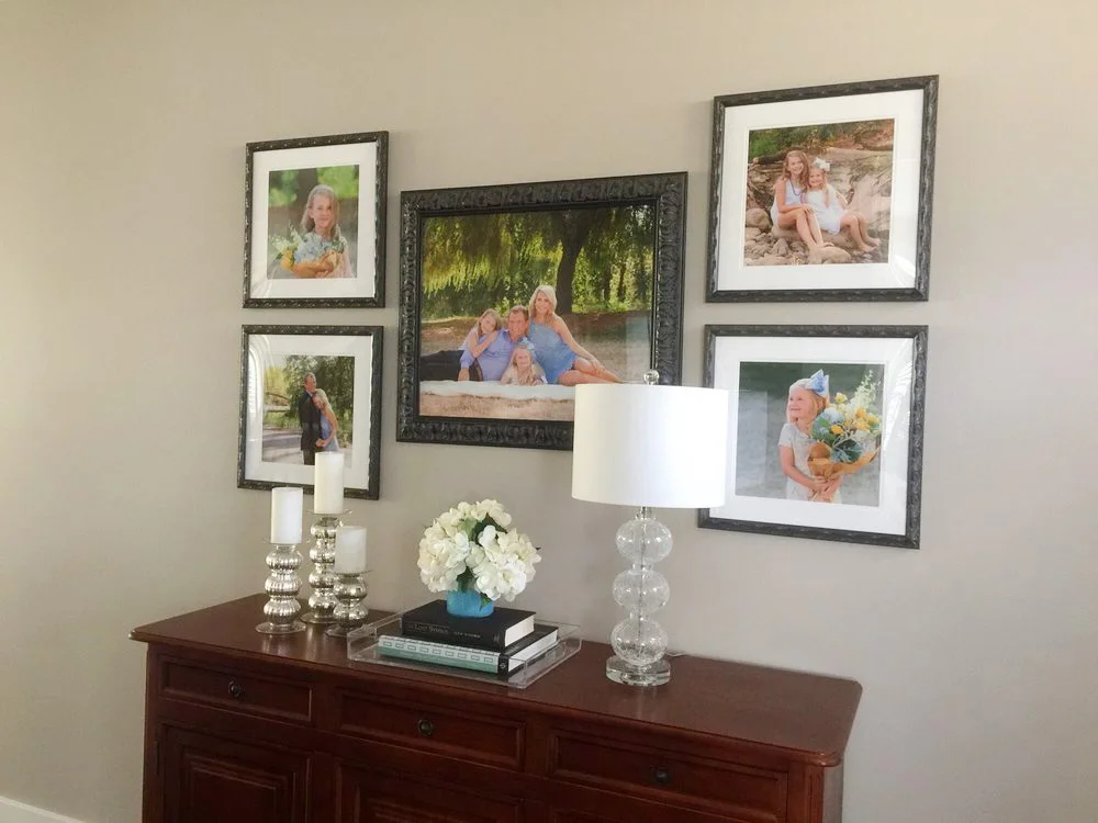 Five piece family pictures wall design - series includes custom Signature Prints, matted and framed for the formal dining room. (sized 16-24 inches each)