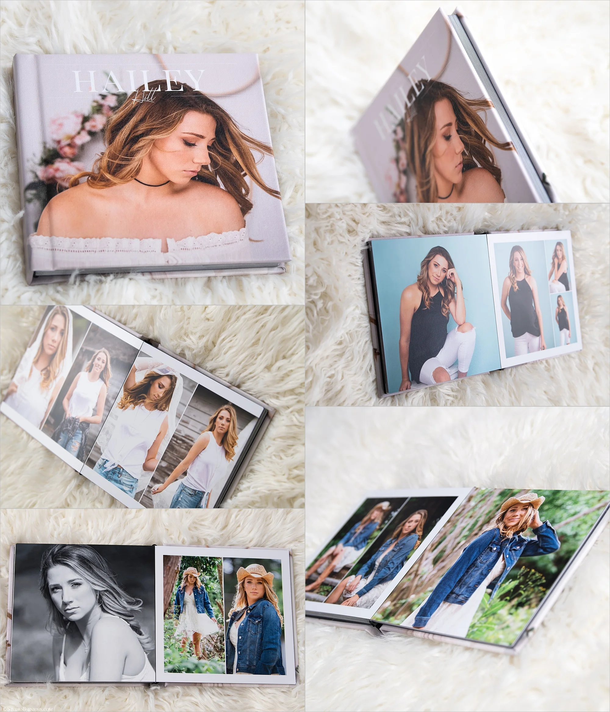 Lux canvas cover opens to reveal your favorite portraits featured in a magazine-style lay-out. StudioBseniors.com