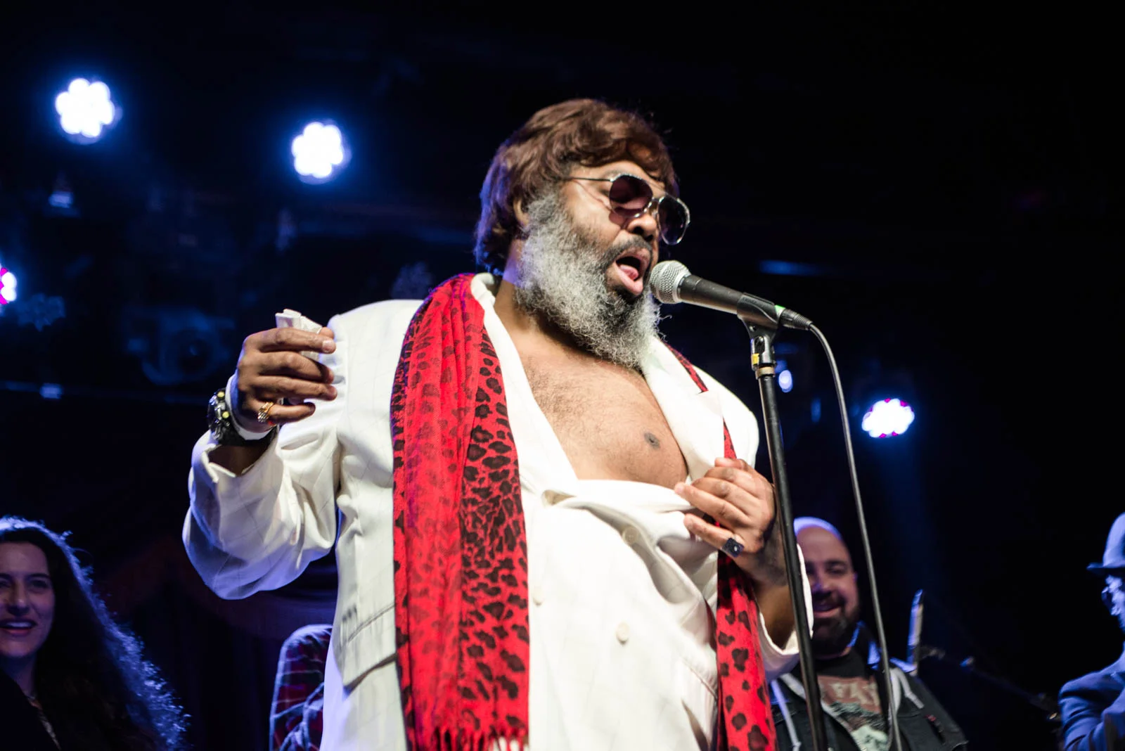 Manfred Winters (Mr. Dead) during a Handsome Boy Modeling School session with three audience members at Brooklyn Bowl on Thursday, April 5, 2018.