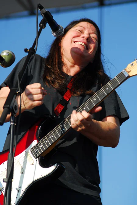 Kim Deal of The Breeders laughs during her band's free set at McCarren Park Pool on Sunday, July 13, 2008.