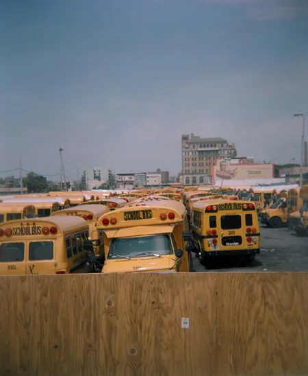 School buses in a lot at Coney Island