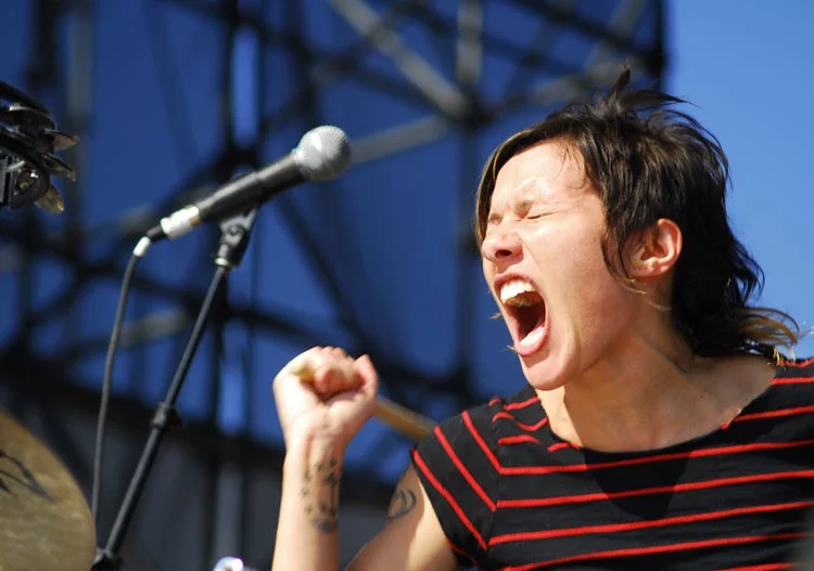 Kim Schifino of Matt & Kim during their set at McCarren Park Pool on Sunday, July 13, 2008.