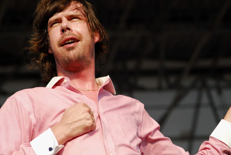 Angus Andrew of Liars performing at McCarren Park Pool on Sunday, July 20, 2008.