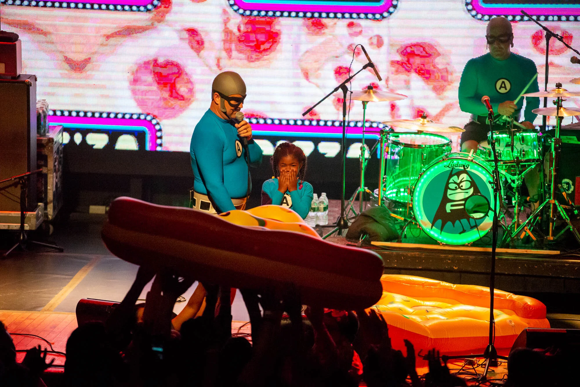 The MC Bat Commander of The Aquabats and a 5-year-old-fan on stage on Friday, September 20, 2019 at Warsaw in Brooklyn, NY.