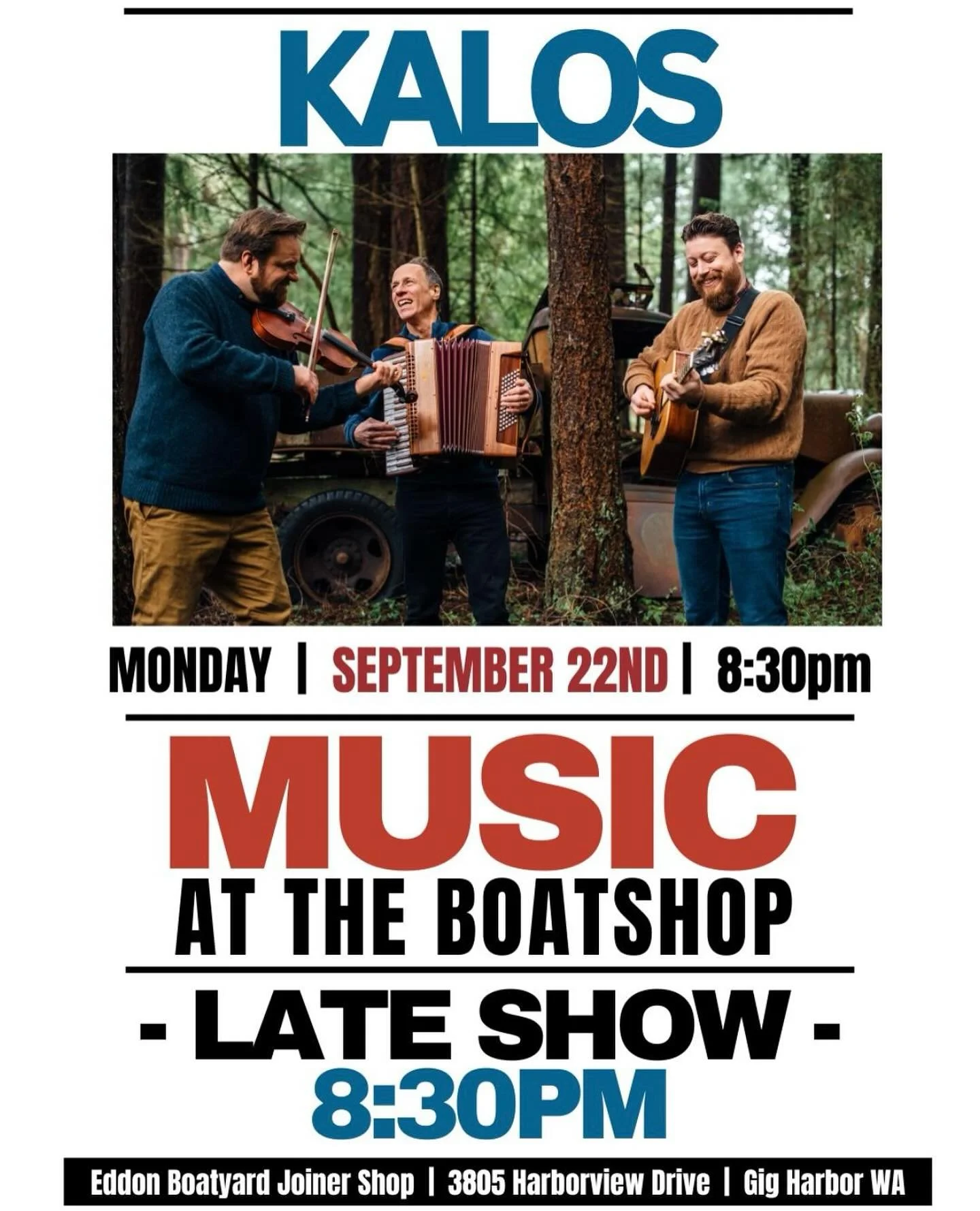 We&rsquo;re so looking forward to playing *TWO* shows tomorrow night at the @gigharborboatshop . 6pm is sold out, but there are tickets available for the 8:30pm show. Visit the link in our bio to purchase!

#gigharbor #boatshoplife #kalosband #trad #