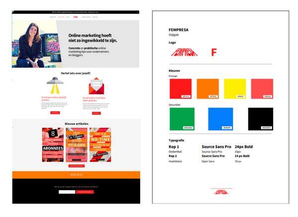 Mijn website en stijlgids toen ik mijn website net lanceerde. Inmiddels al wat veranderd, maar je snapt het idee.
