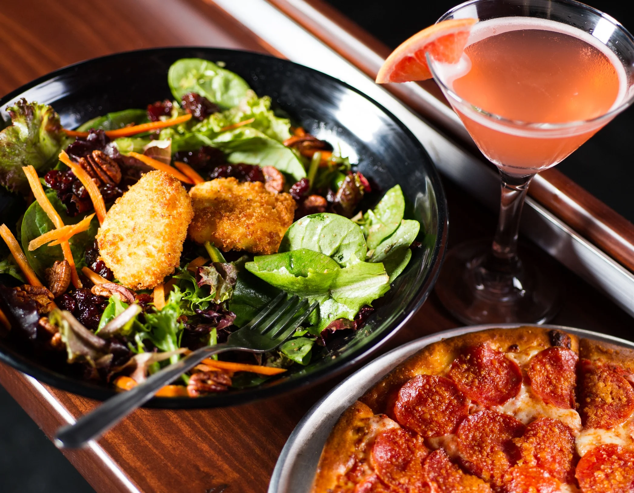 Fried Goat Cheese Salad, Rio Star, and Pepperoni Pizza