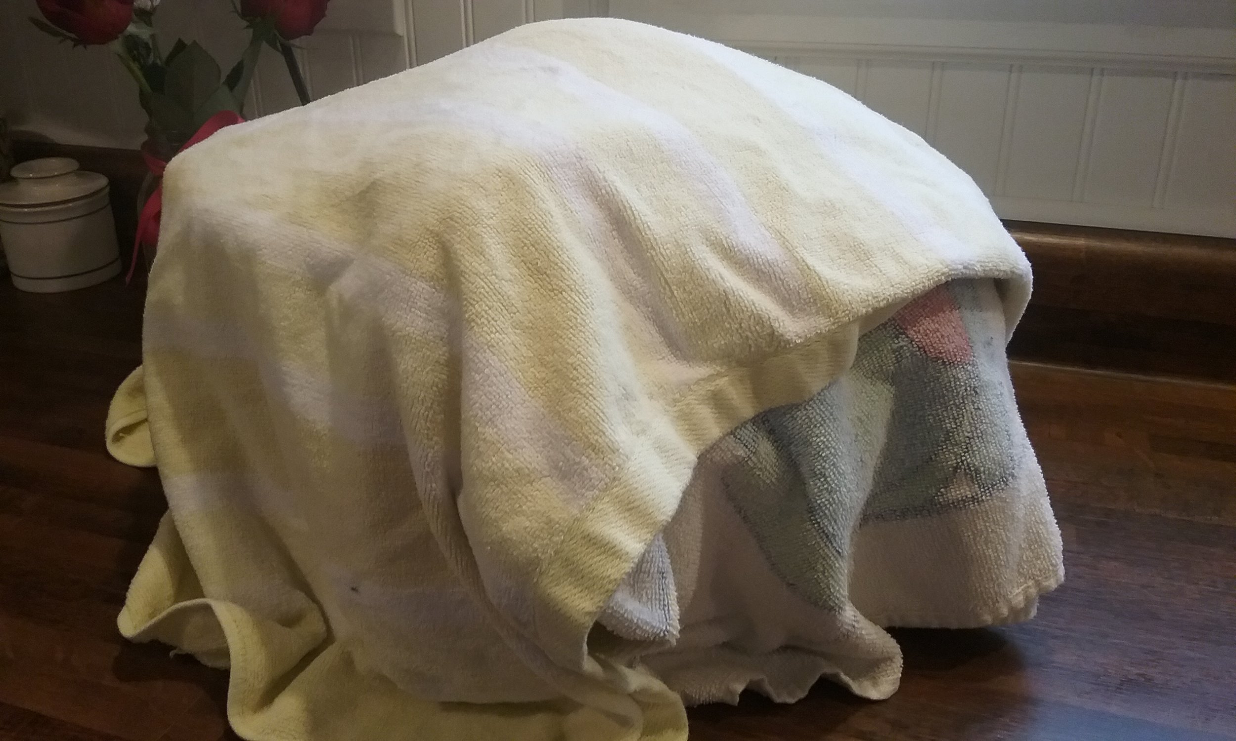 Step Two: I insulate the crockpot with two heavy towels.